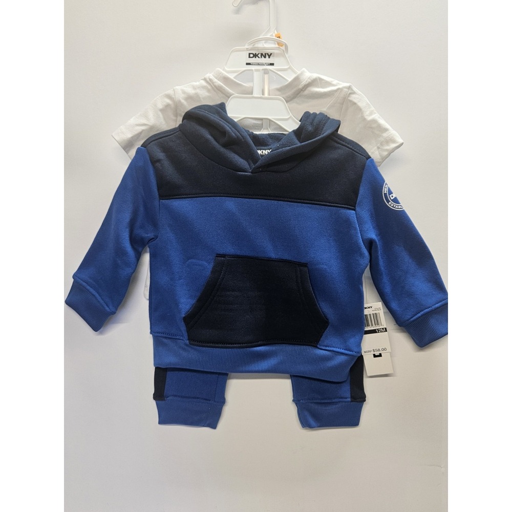 DKNY  12M, Set‎ Of 3, Blue Pull Over Hoodie/Blue Pants/ Crew Neck White T Shirt